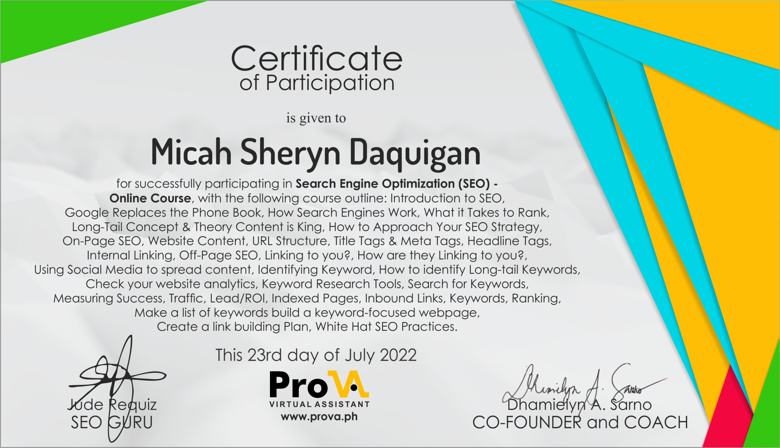 seo certificate micah sheryn